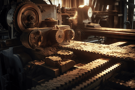 木刻机械的叶片和齿轮的特写图片