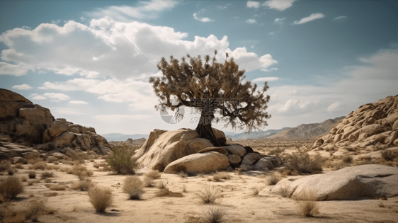 在多岩石的沙漠景观中生长的一棵孤独的树图片