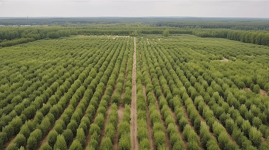 广阔的树木苗圃的全景，到处都是成千上万棵整齐的小树图片