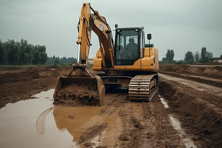 挖掘机在道路上工作图片