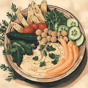 鹰嘴豆泥的静果周围是皮塔饼面包，蔬菜和橄榄图片