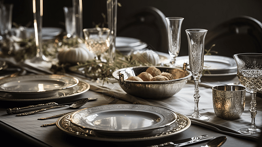 节日大餐的节日餐桌，配有闪闪发光的银器、优雅的菜肴和闪闪发光的香槟杯。图片