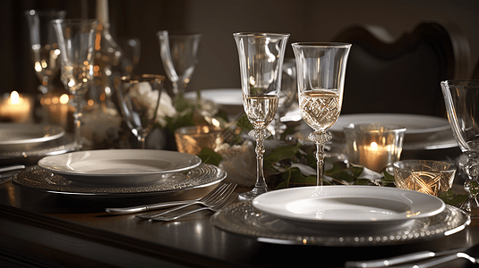 节日餐桌上的银器和香槟杯。图片