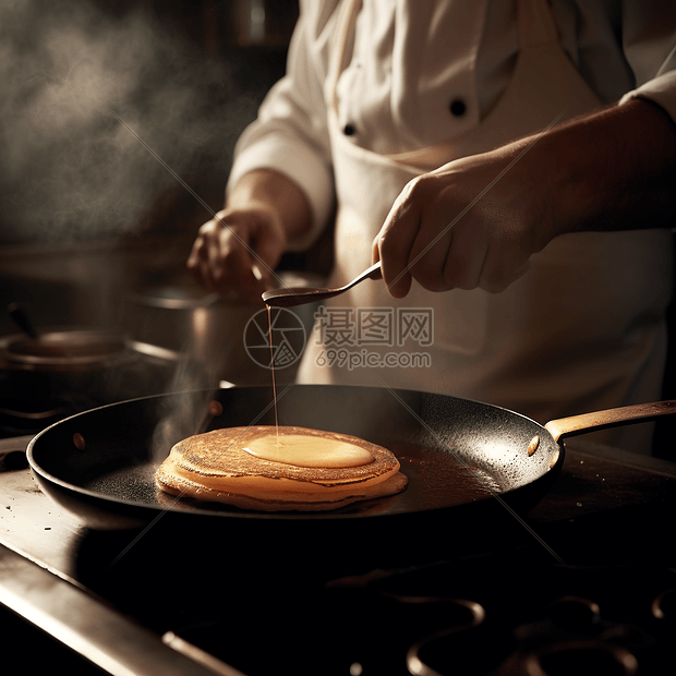 厨师在煎锅里翻煎饼图片