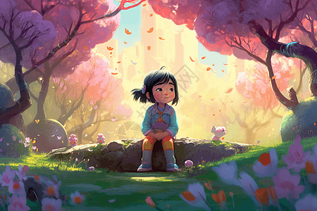 桌在森林的石头上的女孩背景图片