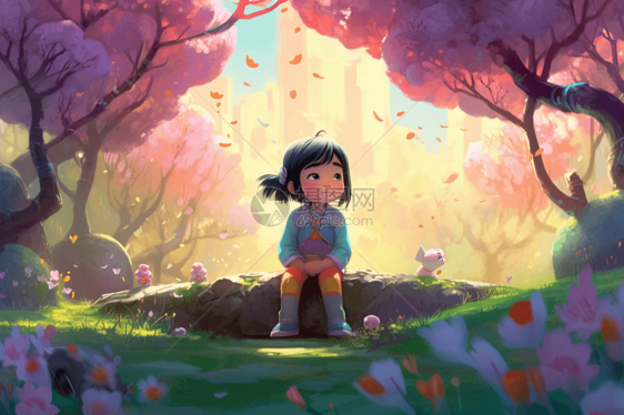 桌在森林的石头上的女孩图片