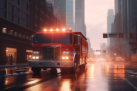 高楼和繁忙交通街道上的自动消防车图片