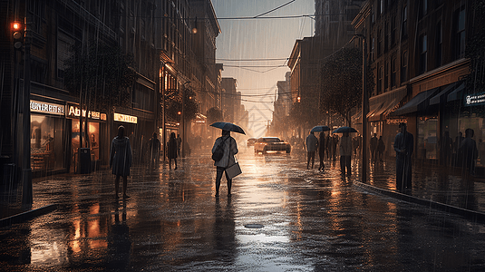 带有建筑物和汽车的城市景观大雨滂沱图片