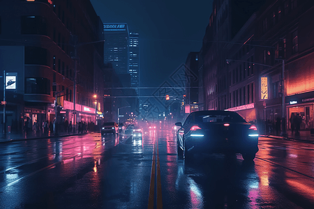 夜晚的城市街道自动驾驶汽车经过图片