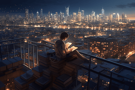 少年在灯光璀璨的城市屋顶上看书图片