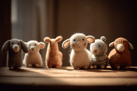 木制桌面上可爱的羊毛毡动物图片
