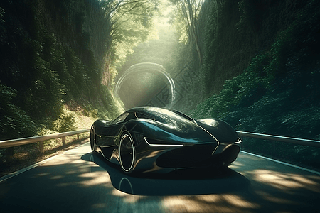 一辆没有徽标的未来派汽车驶过树木隧道图片