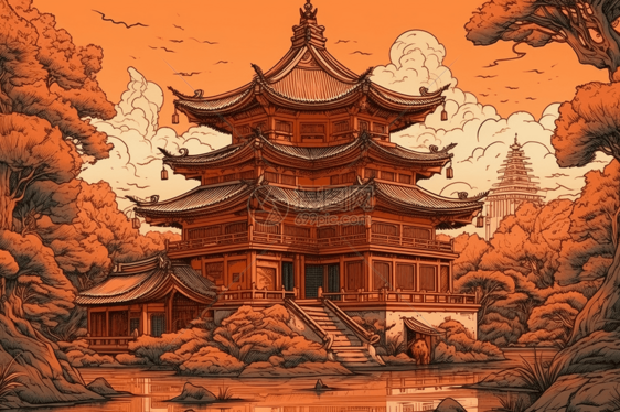 橙色色调的中国寺庙图片