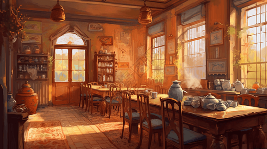 宁静的传统茶室的绘画背景图片