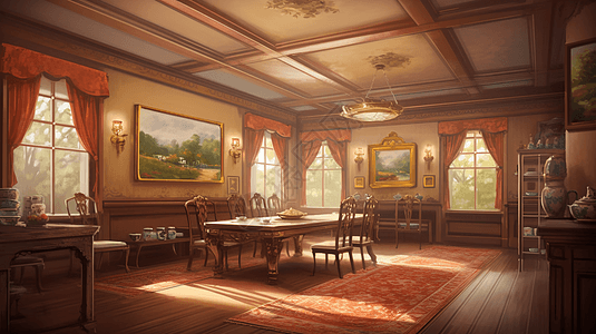 温暖色彩的传统茶室的绘画图片