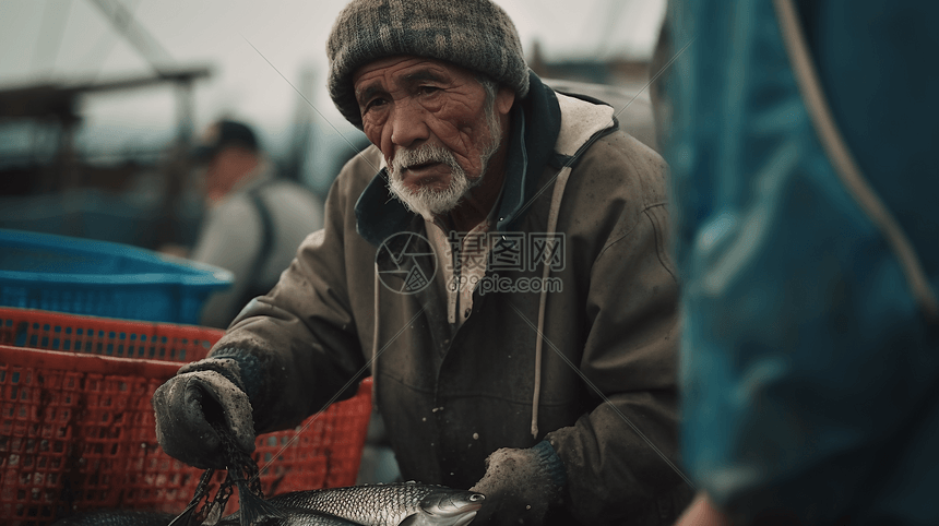 一位渔民在捕捞鲜鱼时辛勤工作图片