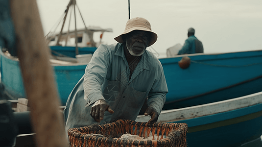 一位渔民在捕捞鲜鱼图片