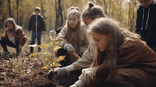 一群小学生植树图片