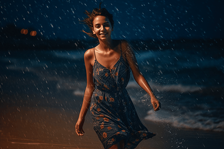 晚上的雷雨中潇洒的女人图片图片
