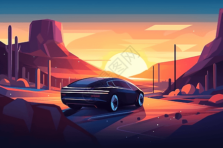 汽车公路行驶具有未来感的自动驾驶汽车的落日平面插画插画