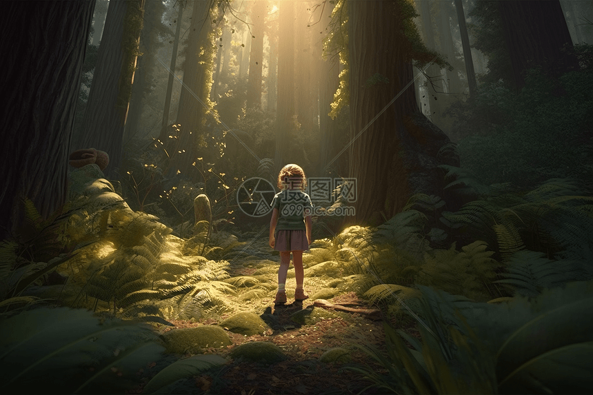 小女孩探索森林图片