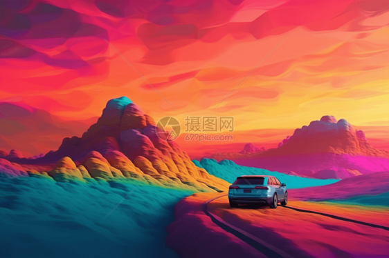 一辆楔形汽车驶过色彩缤纷的风景图片