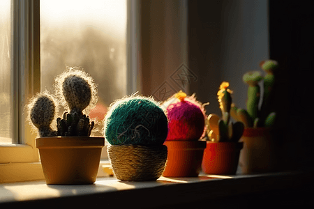 窗台上的毡毛编织仙人掌植物图片