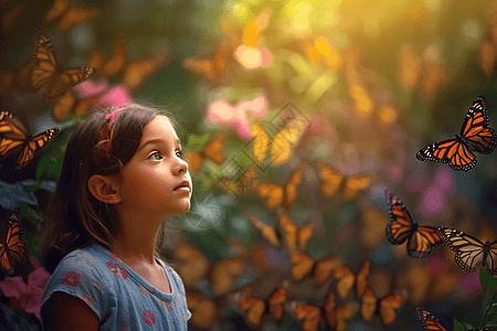 蝴蝶花园中的女孩图片
