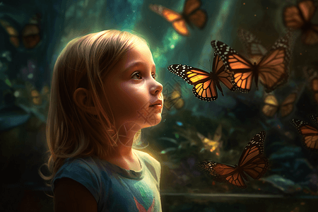飘带的蝴蝶和可爱的女孩图片