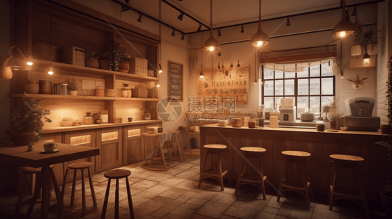 配有温暖的木制家具柔和的灯光和放松的氛围的奶茶店效果图图片