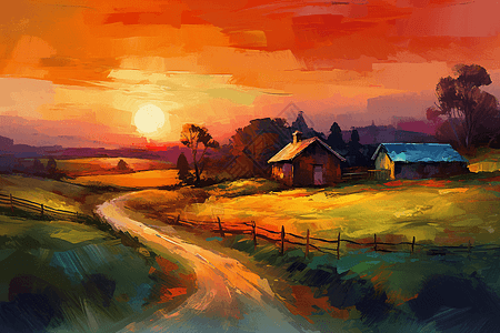乡村农场上的夕阳图片