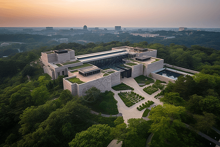 园林效果图周围环绕着绿色植物的博物馆建筑空中航拍设计图片