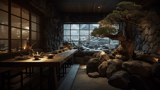 传统日式装饰的茶室高清图片