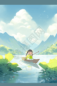 湖中划船小女孩图片
