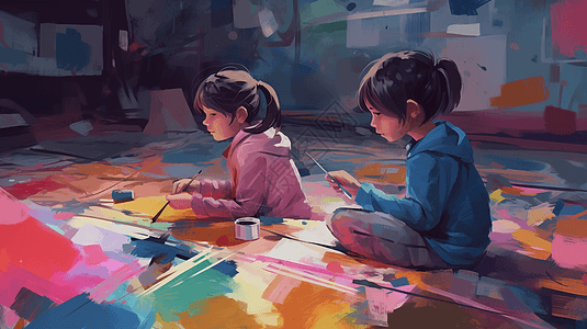 两个女孩在教室绘画图片