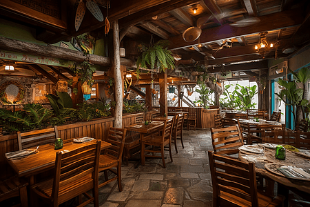 热带装饰和新鲜的海鲜菜肴海滨餐厅背景图片