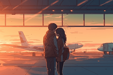 机场情侣夕阳机场的情侣插画