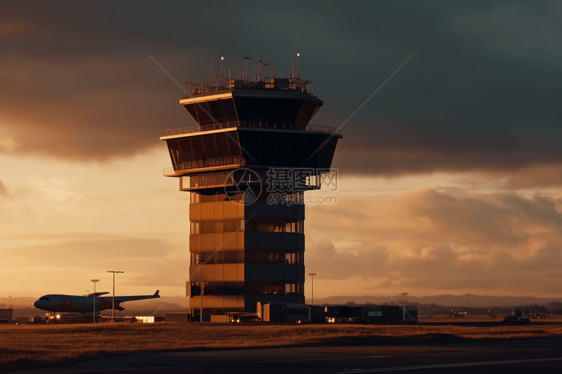夕阳下飞机跑道上的控制塔图片