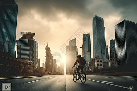 骑着自行车的人物穿过繁华的城市景观图片