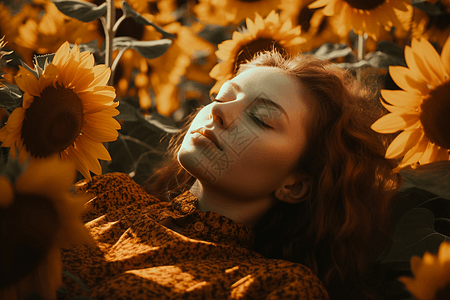 女人安逸的躺在向日葵中背景图片