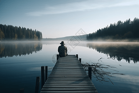 男人安静的坐在湖边图片