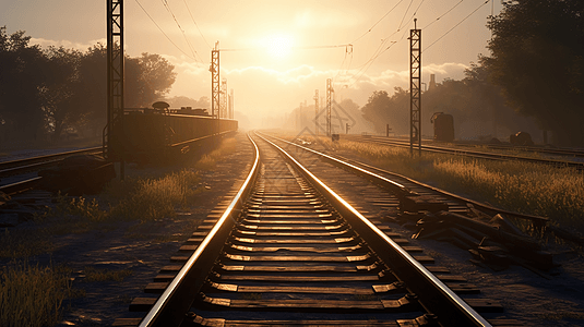 铁轨夕阳渲染图图片