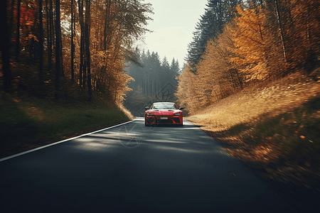 红色跑车在乡间小路上行驶渲染图图片