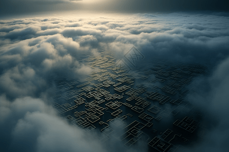 高耸的集成电路从云海中崛起的超现实景观图片