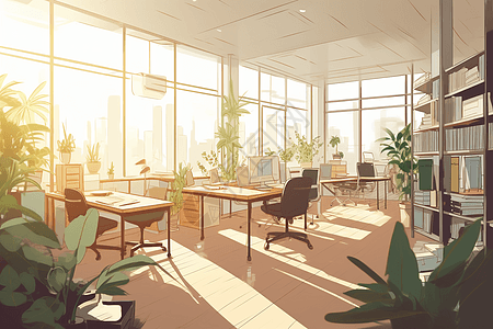 办公室书桌和植物图片