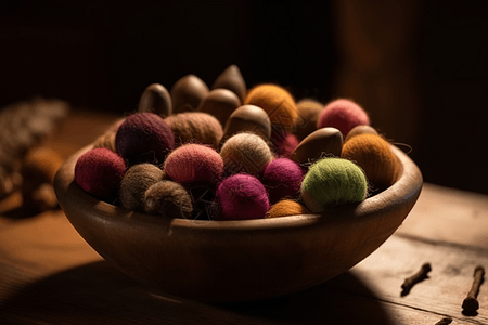 木碗中的毡制羊毛榛子图片