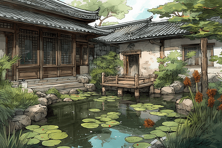 江南庭院池塘美景图片