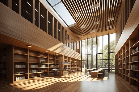 木制图书馆书架和落地窗前的座椅图片
