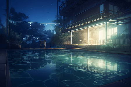 被月光照亮的游泳池图片