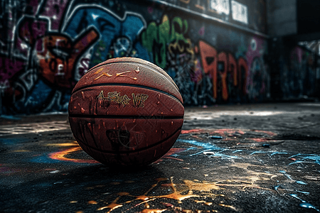 篮球场涂鸦街道上的篮球特写背景